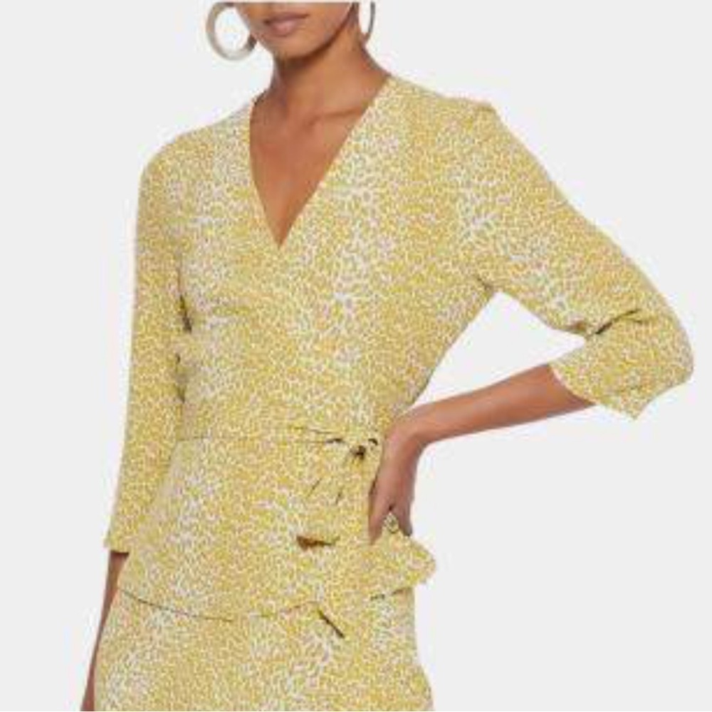 DIANE VON FURSTENBERG Yellow Printed Crepe Wrap Blouse